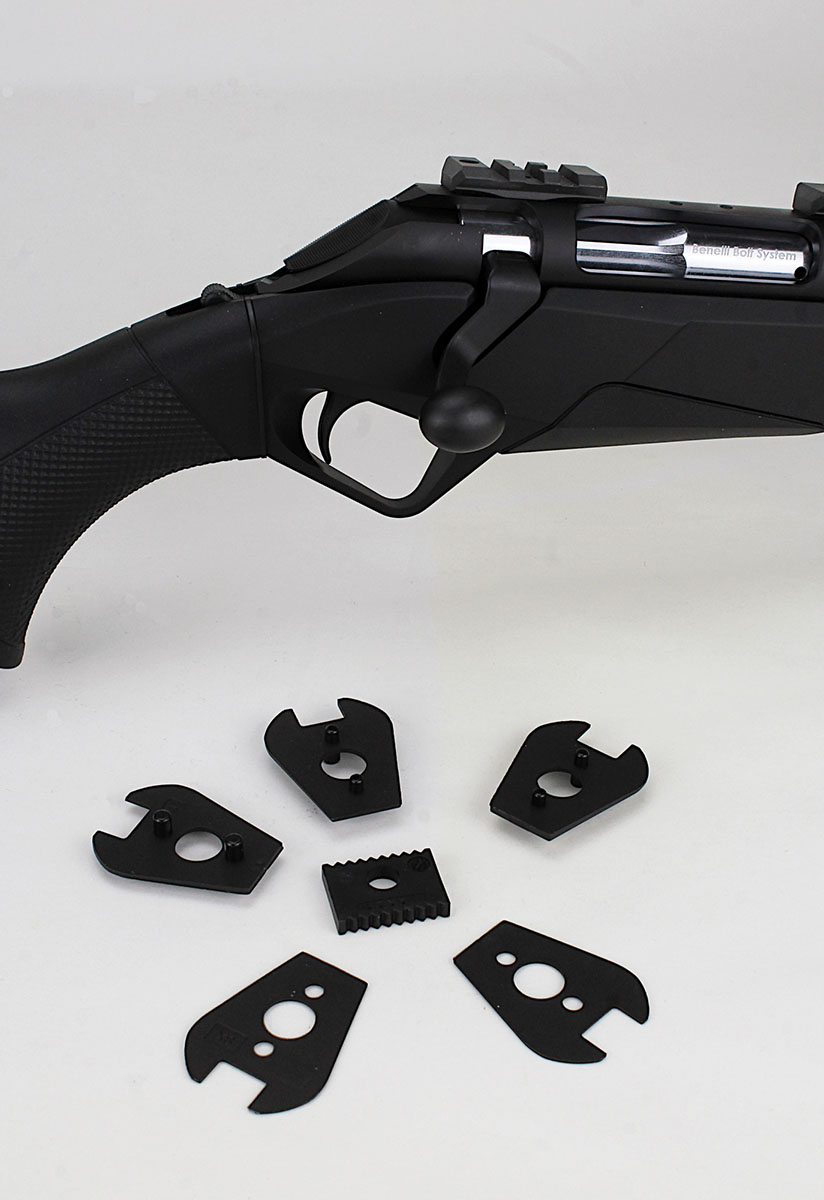 A shim kit adjusts the Lupo’s cast and drop to fit the individual shooter.